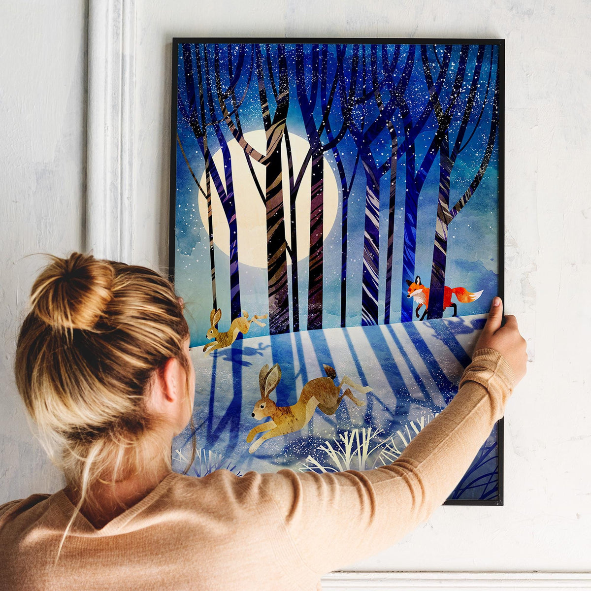 Winter Forest Art Print | Fox and Hares Snowy Landscape Wall Art