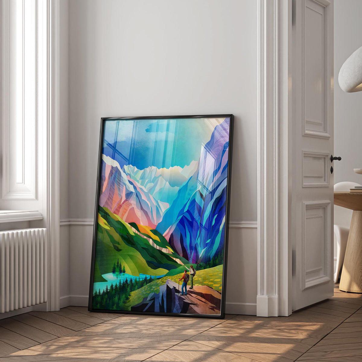 Hiking Couple Art Print | Colorful Mountain View Wall Art