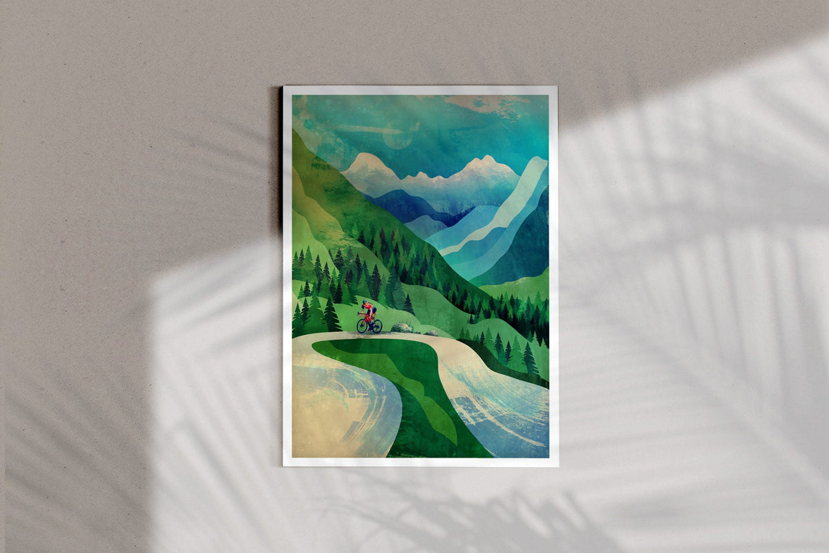 Woman Cyclist climbing the road | Cycling Art Print