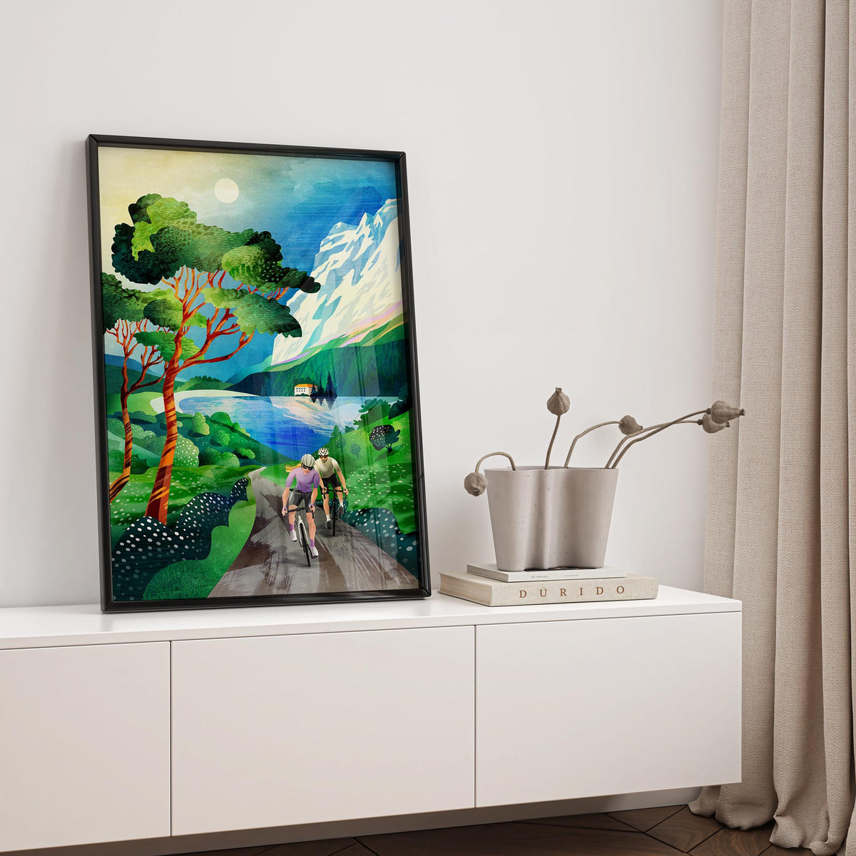 Cycling Couple Art Print | Summer Landscape Illustration