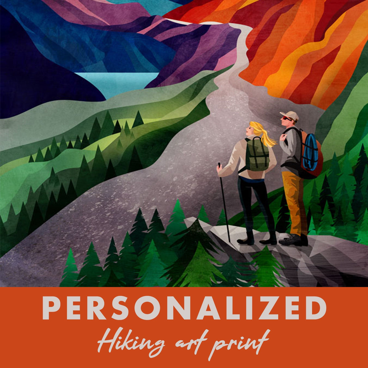Personalized Hiking Art Print | Custom Couple Hikers Wall Art
