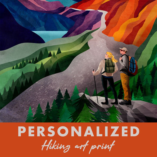 Personalized Hiking Art Print | Custom Couple Hikers Wall Art