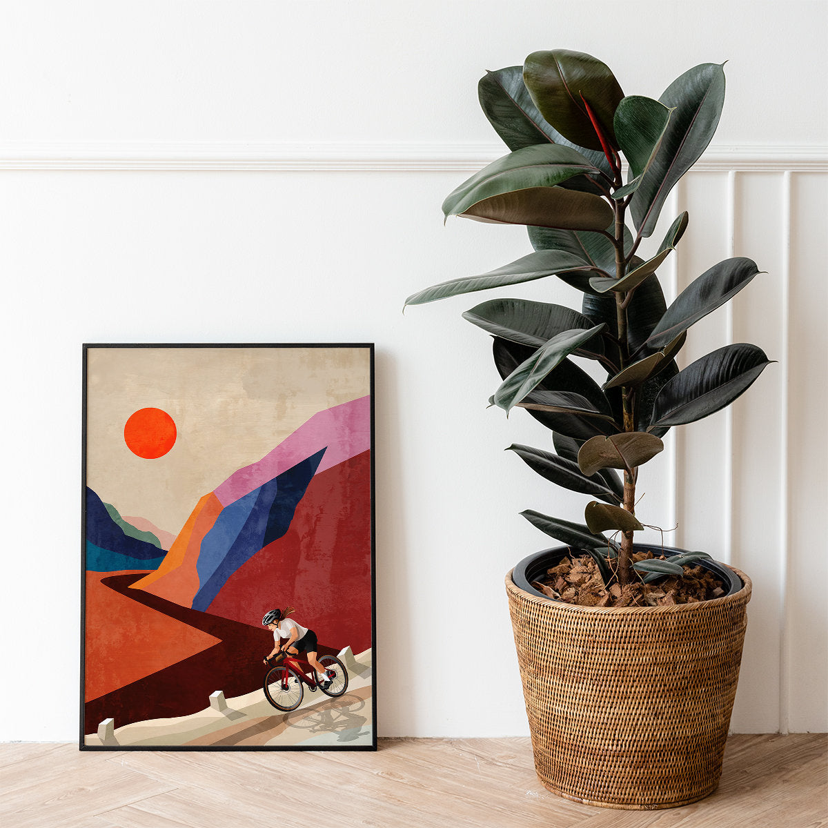 Woman Cyclist Art Print | Descending down the mountain illustration