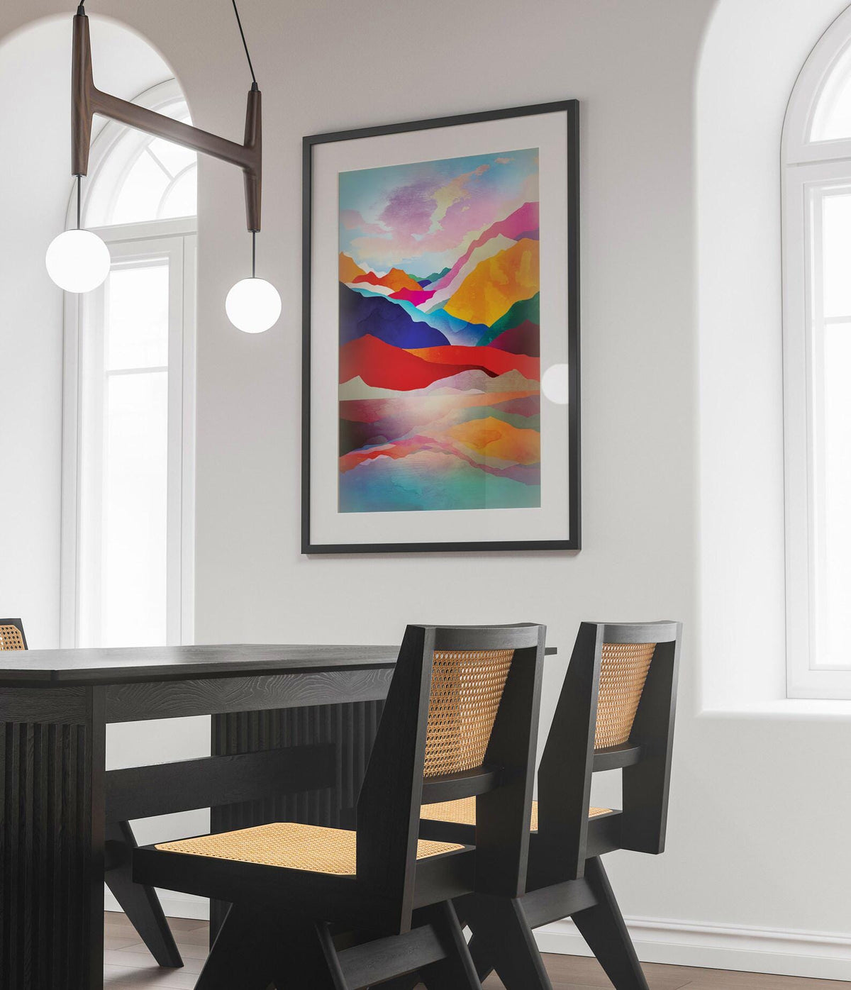 Mountain Lake Sunset Art Print | Colorful Landscape Illustration