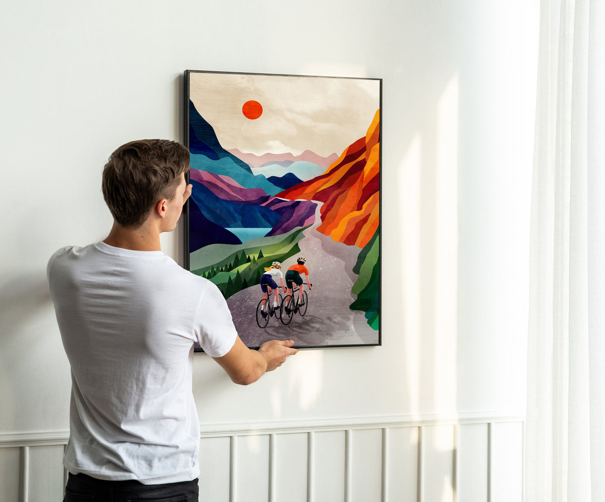 Cycling Couple Art Print | Mountain Landscape Bicycle Wall Art