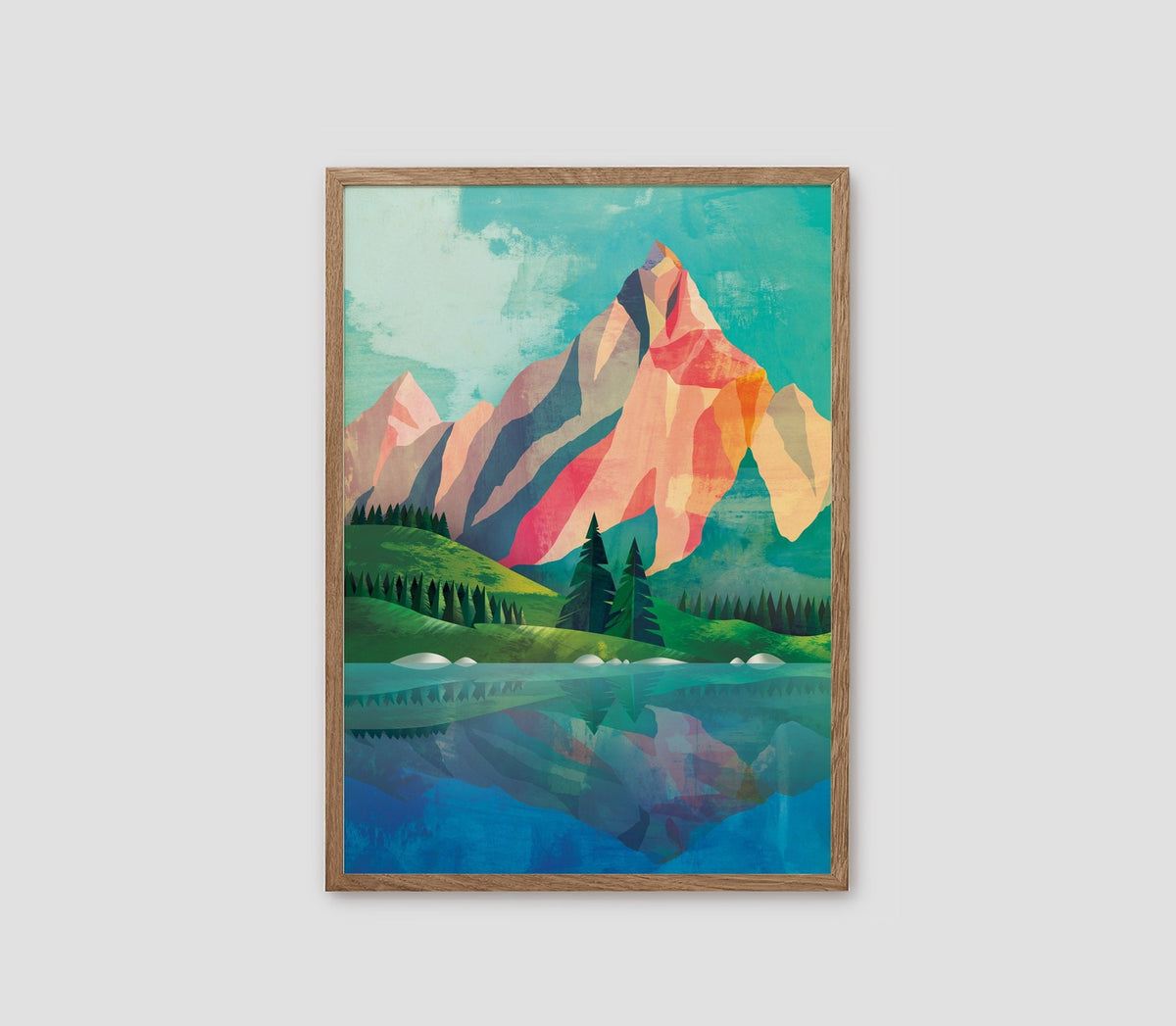 A framed art print featuring a stylized geometric mountain landscape with a lake reflection, shown against a light gray background.