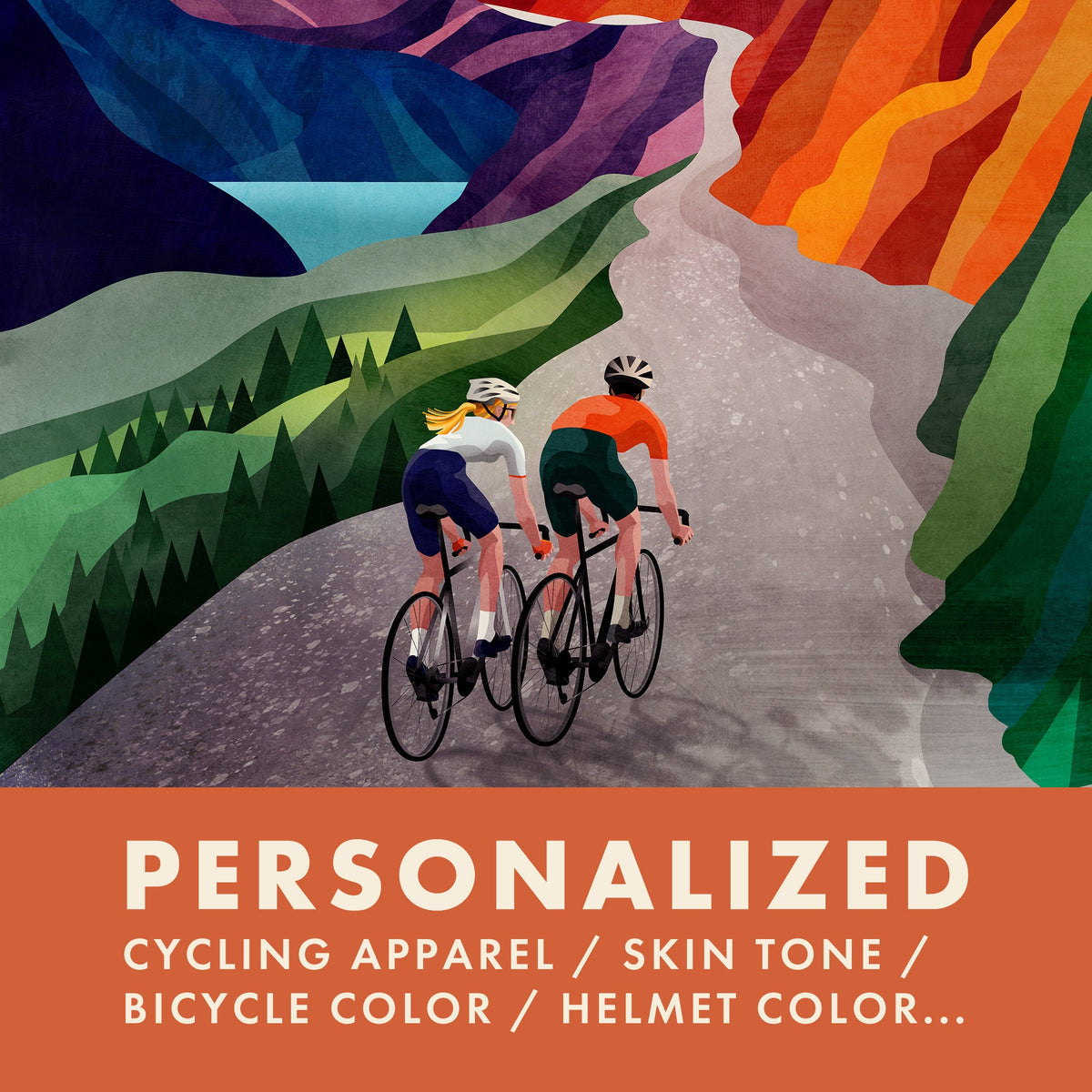 Illustrated promotional graphic showing two cyclists riding along a winding road through a colorful mountain landscape.
