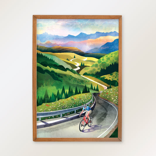 Cycling Art Print | Wall Decor | Mountain Road Bicycle Illustration Print