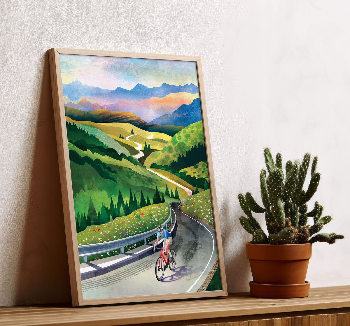 Cycling Art Print | Wall Decor | Mountain Road Bicycle Illustration Print