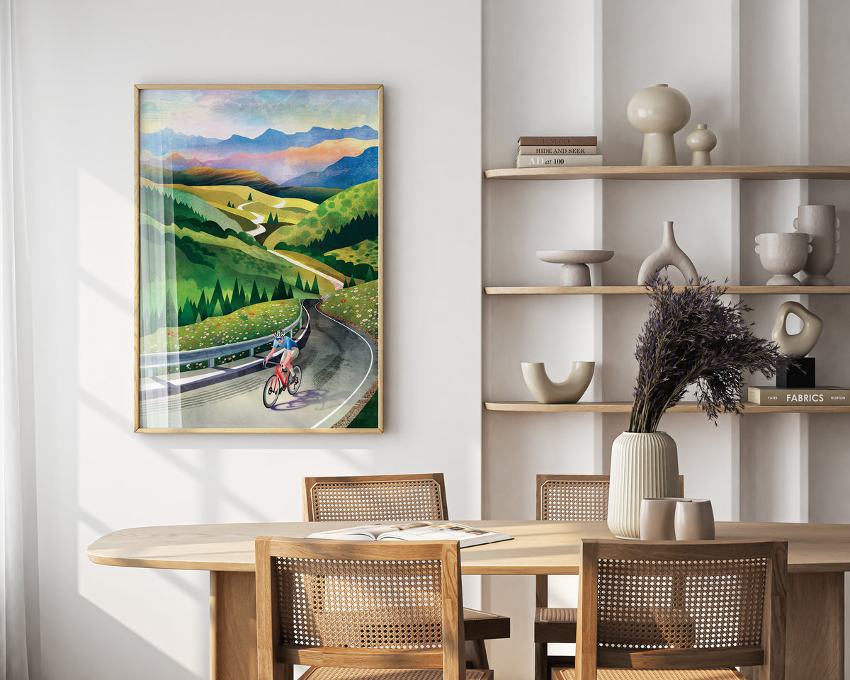 Cycling Art Print | Wall Decor | Mountain Road Bicycle Illustration Print